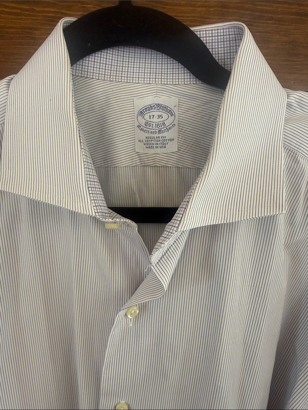 Brooks Brothers Men’s White Shirt with Thin Burgundy & Blue Stripes